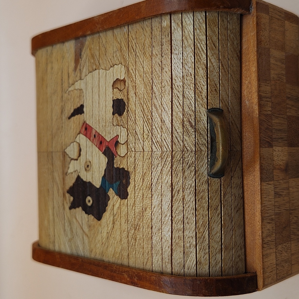 Vintage SCOTTY DOGS Inlaid Wood Case With Rolltop Articulated Lid JAPAN - Picture 6 of 8
